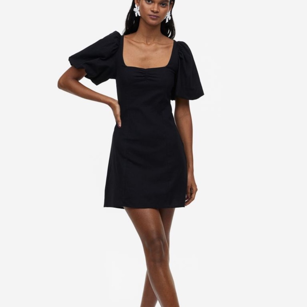Black H&M Linen Puff Sleeve Mini Dress, Size XL